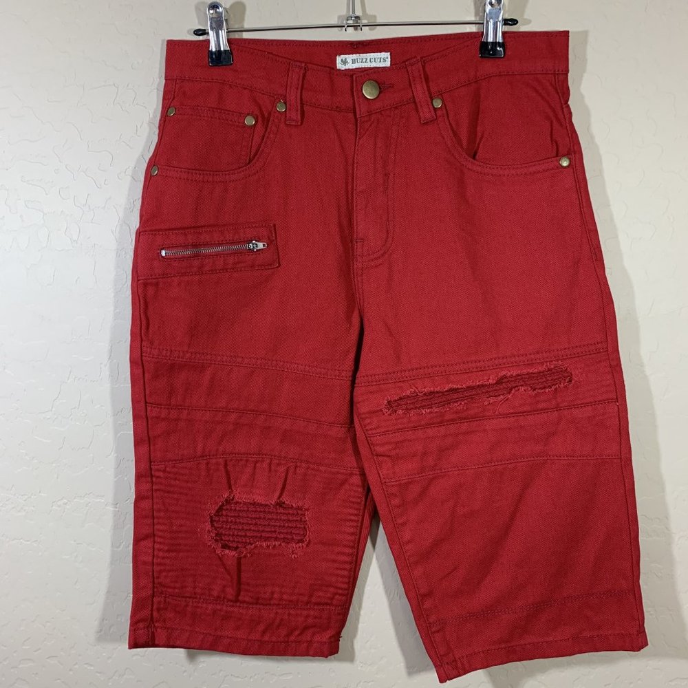Buzz Cuts Boys 18 Red Jean Shorts Distressed Pockets